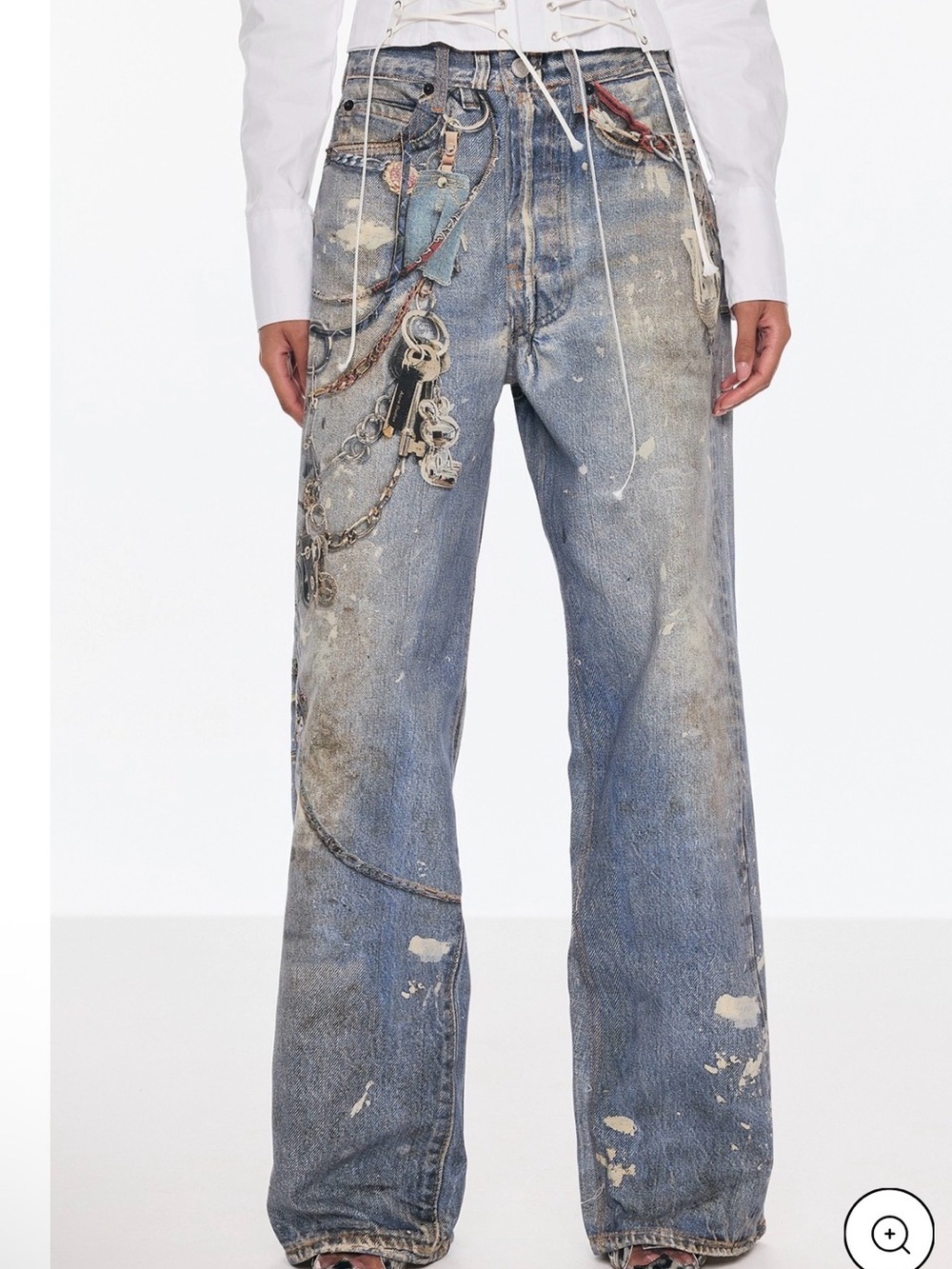 Innovate denim Birdie Print Barrel Jeans Distressed Wide-Leg Blue  Chain print S